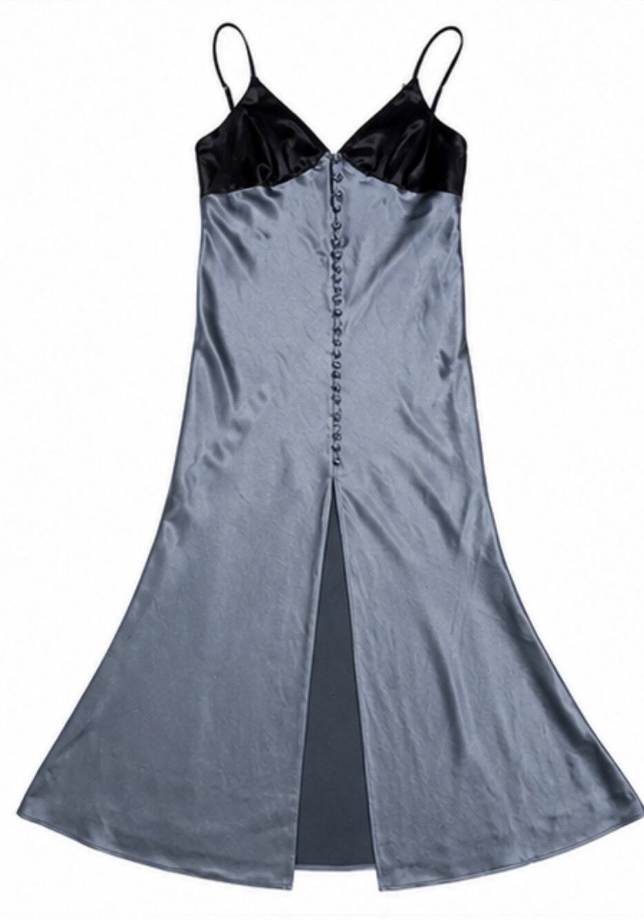 Dress Forum Satin Slip Dress Blue Gray Black Button Front Women’s L NWT
